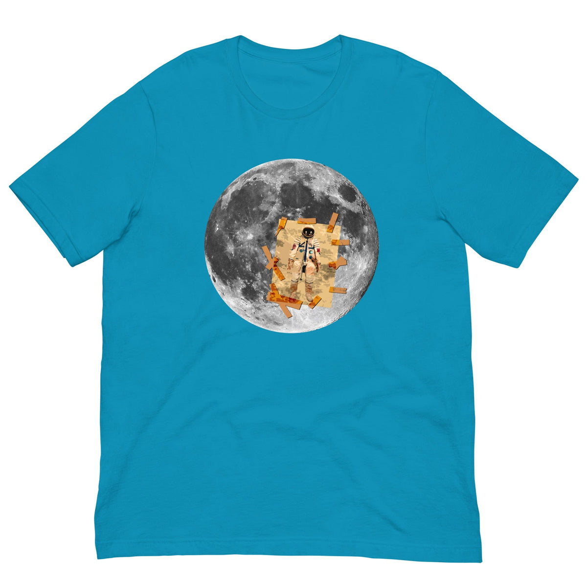 Aqua blue T-shirt with circular moon astronaut graphic at center