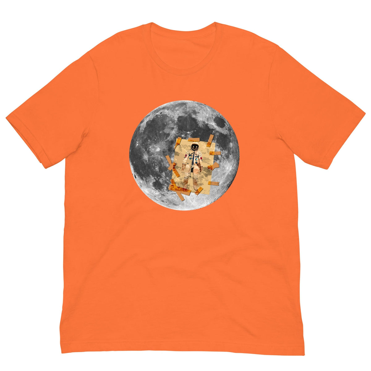 Orange T-shirt with circular moon astronaut graphic at center