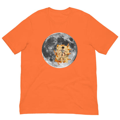 Orange T-shirt with circular moon astronaut graphic at center