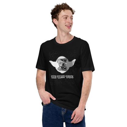 Black May the 4th T-shirt with white cannon 'May the 4th' logo and 'Be with you' print