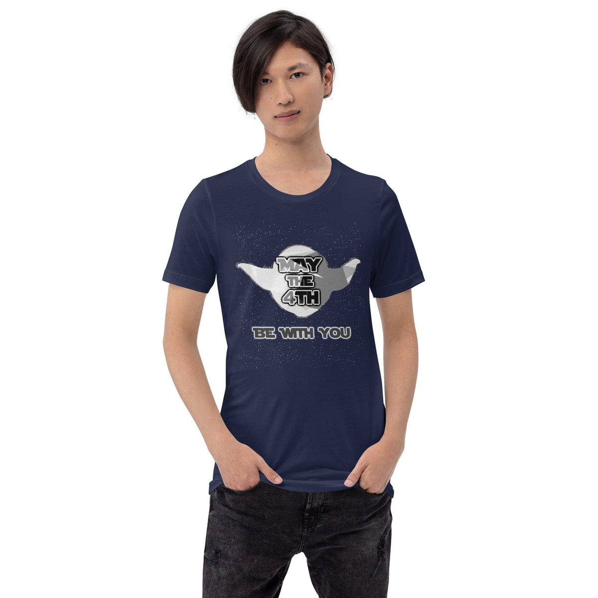 Navy May the 4th T-shirt with white cannon 'May the 4th' logo and 'Be with you' print