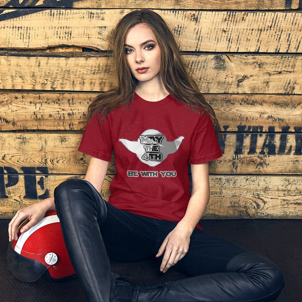Red May the 4th T-shirt with white cannon 'May the 4th' logo and 'Be with you' wording