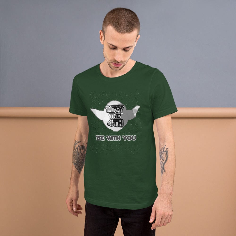 Forest green May the 4th T-shirt with white cannon 'May the 4th' logo and 'Be with you'