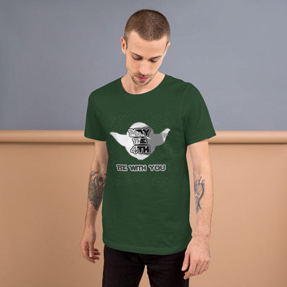 Forest green May the 4th T-shirt with white cannon 'May the 4th' logo and 'Be with you'