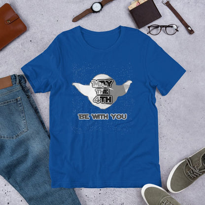 True royal blue May the 4th T-shirt with white cannon 'May the 4th' logo and 'Be with you'