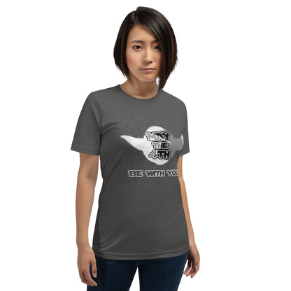 Dark gray May the 4th T-shirt with white cannon 'May the 4th' logo and 'Be with you'