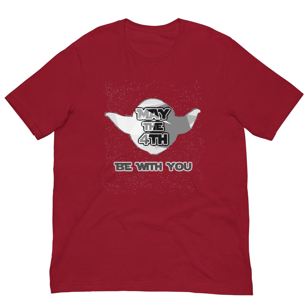 May the 4th T-shirt, red crewneck with centered “May the 4th” and “Be with you” print.