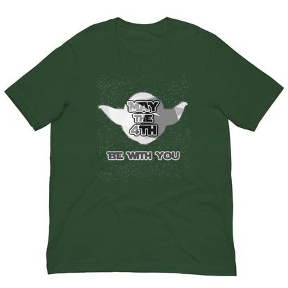 May the 4th T-shirt, green crewneck with centered “May the 4th” and “Be with you” print.