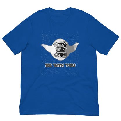 May the 4th T-shirt, bright blue crewneck with centered “May the 4th” and “Be with you” print.