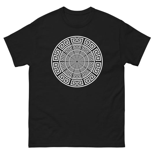 Black T-shirt with large white Greek meander circle graphic