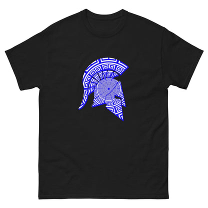Men's black T-shirt with blue Spartan helmet emblem graphic on the chest