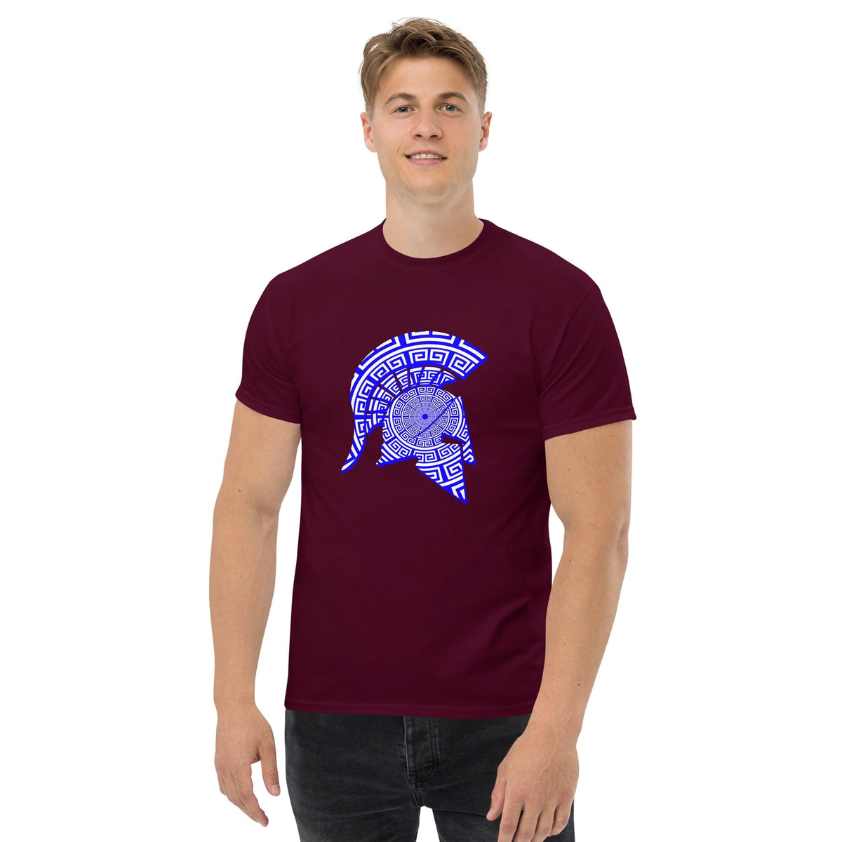 Men's maroon T-shirt with blue Spartan helmet emblem graphic on the chest