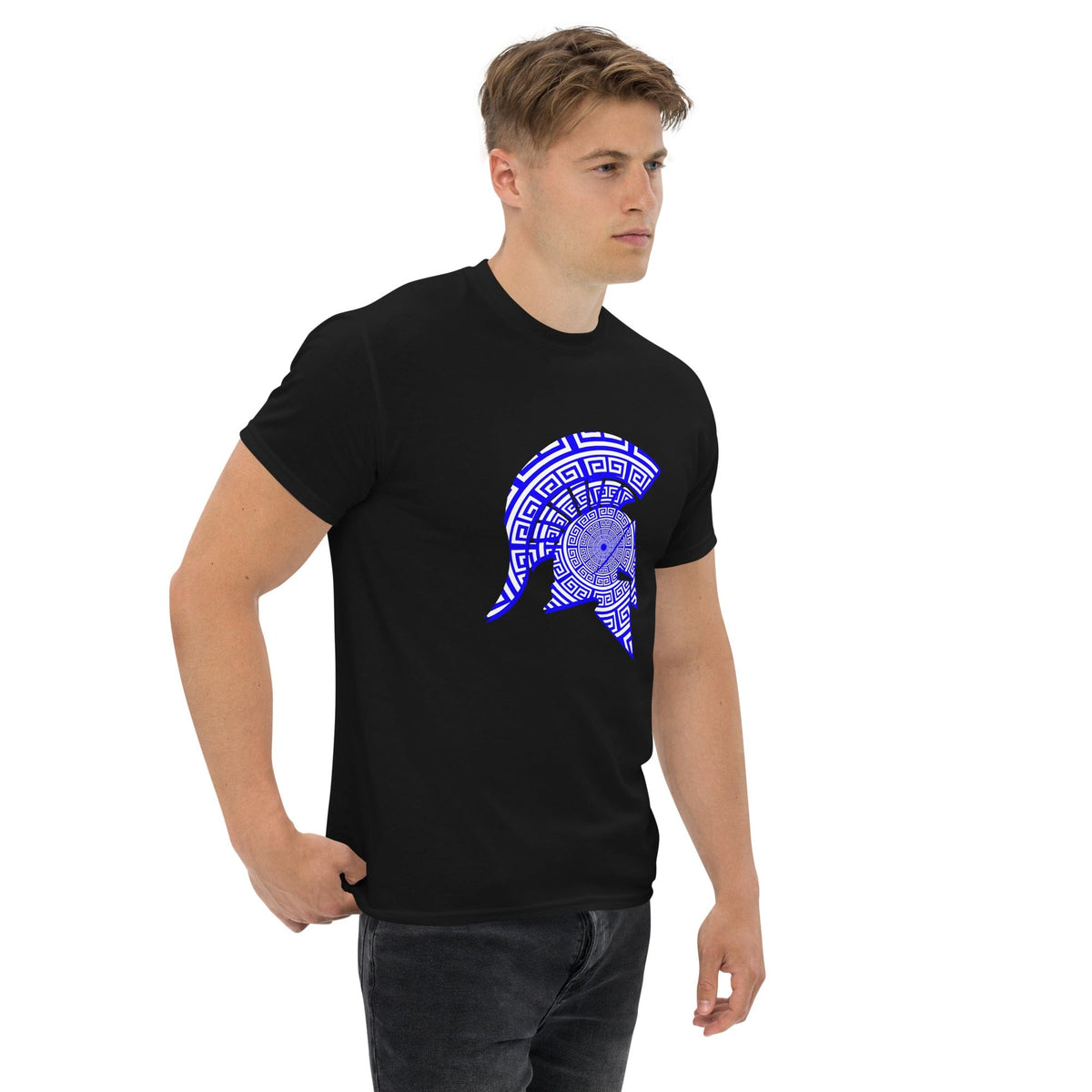 Men's black T-shirt with blue Spartan helmet emblem graphic on the front