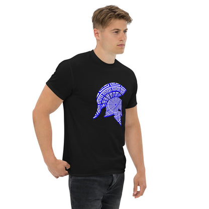 Men's black T-shirt with blue Spartan helmet emblem graphic on the front