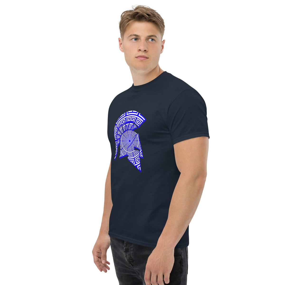 Men's navy T-shirt with blue Spartan helmet emblem graphic on the chest