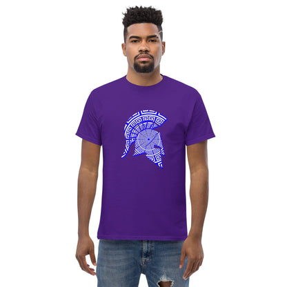 Men's purple T-shirt with blue Spartan helmet emblem graphic on the chest