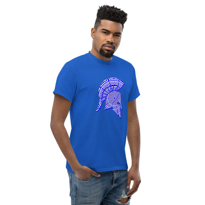 Men's royal blue T-shirt with blue Spartan helmet emblem graphic on the chest