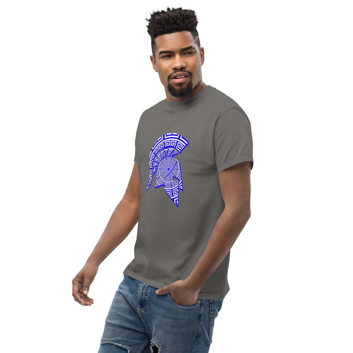 Men's charcoal gray T-shirt with blue Spartan helmet emblem graphic on the chest