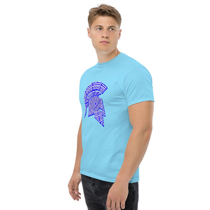 Men's light blue T-shirt with blue Spartan helmet emblem graphic on the chest
