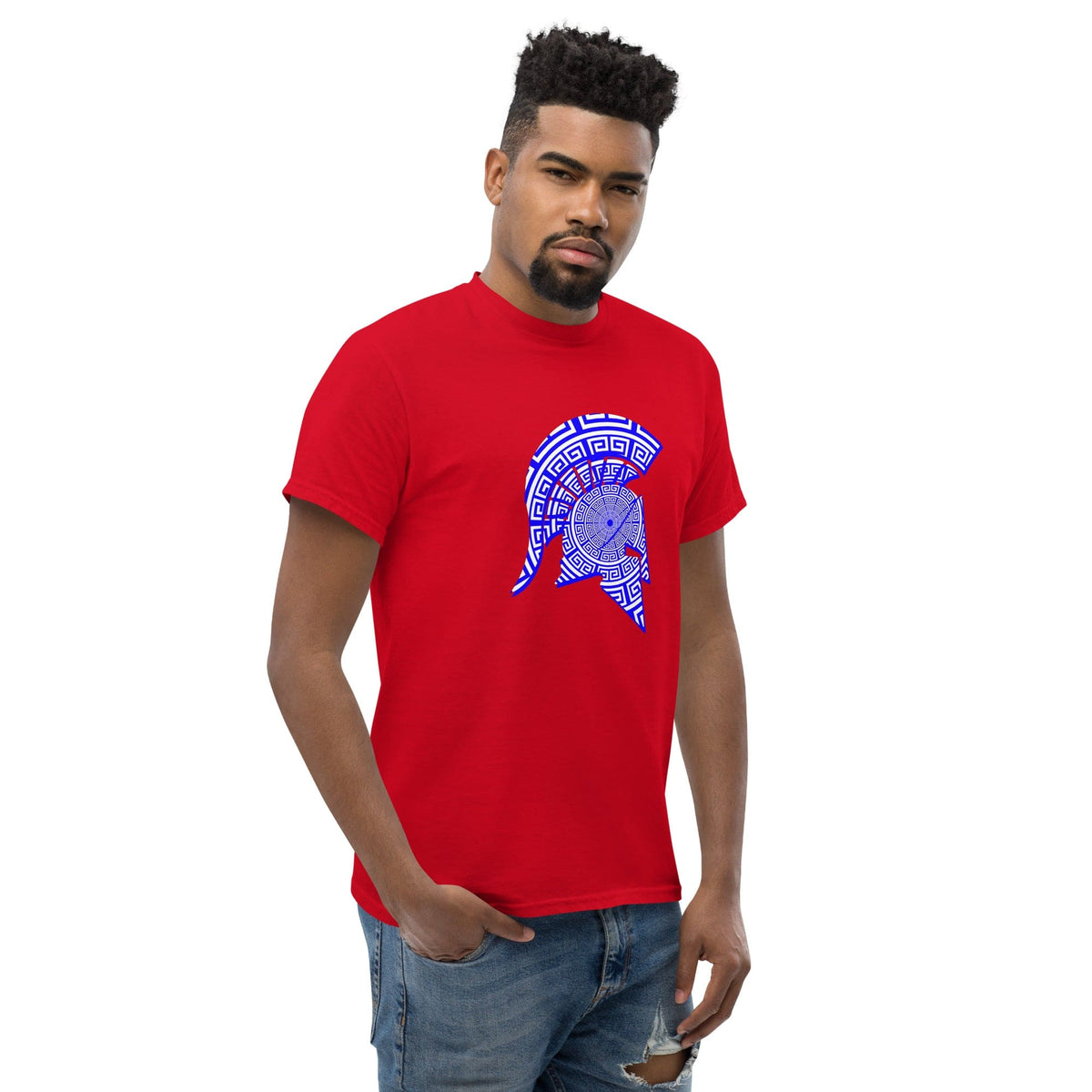 Men's red T-shirt with blue Spartan helmet emblem graphic on the chest