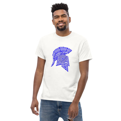 Men's white T-shirt with blue Spartan helmet emblem graphic on the chest