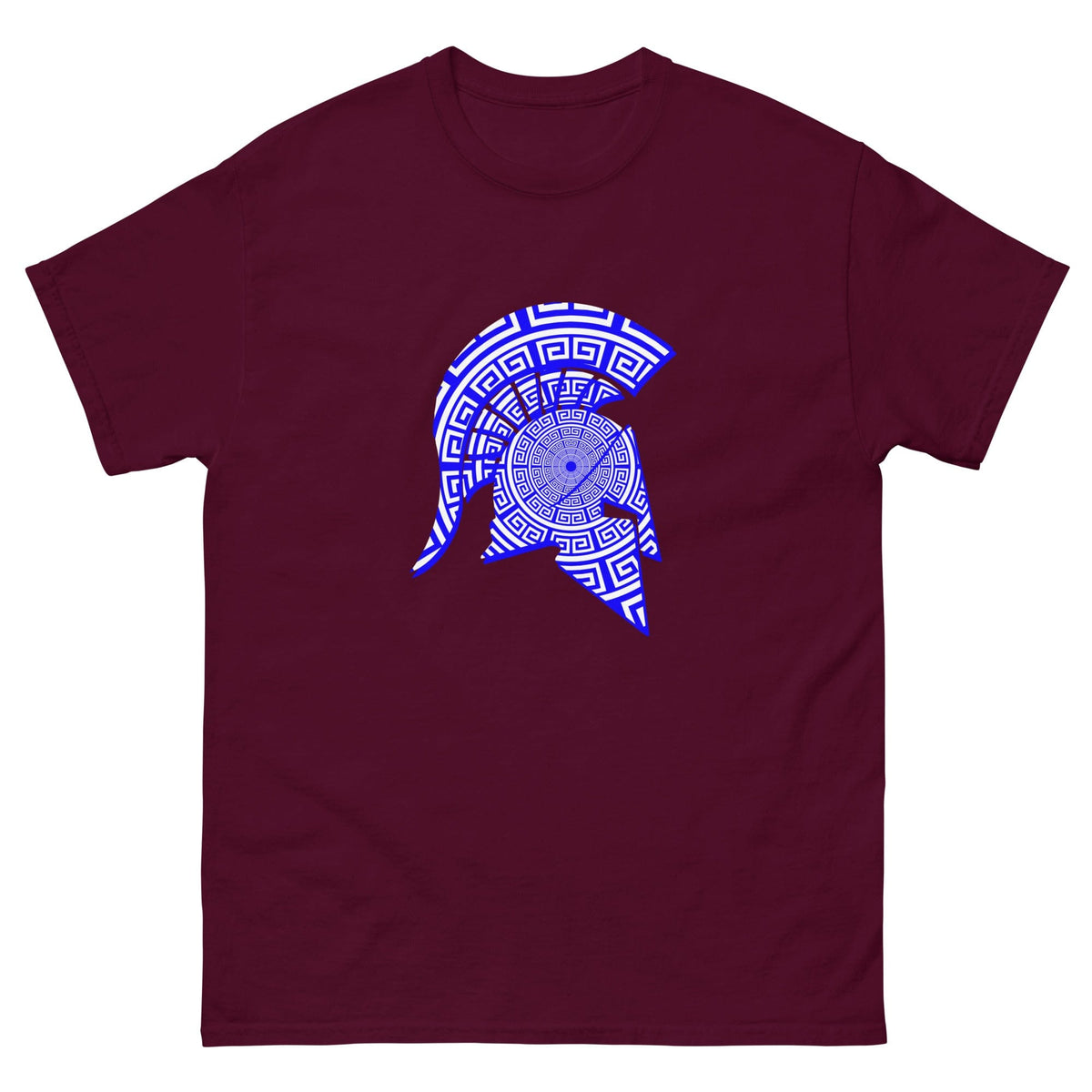 Spartan helmet graphic T-shirt in maroon with blue patterned emblem on front