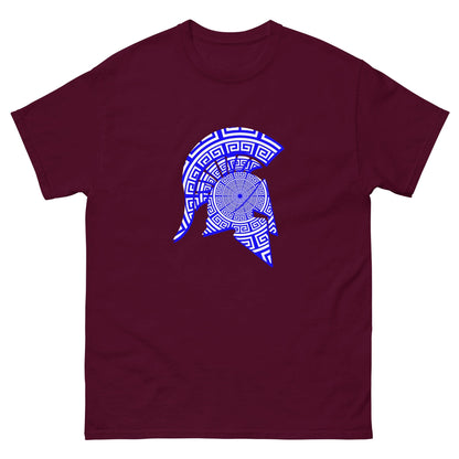 Spartan helmet graphic T-shirt in maroon with blue patterned emblem on front