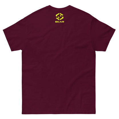 Spartan helmet graphic T-shirt in maroon with yellow SCAR emblem on back