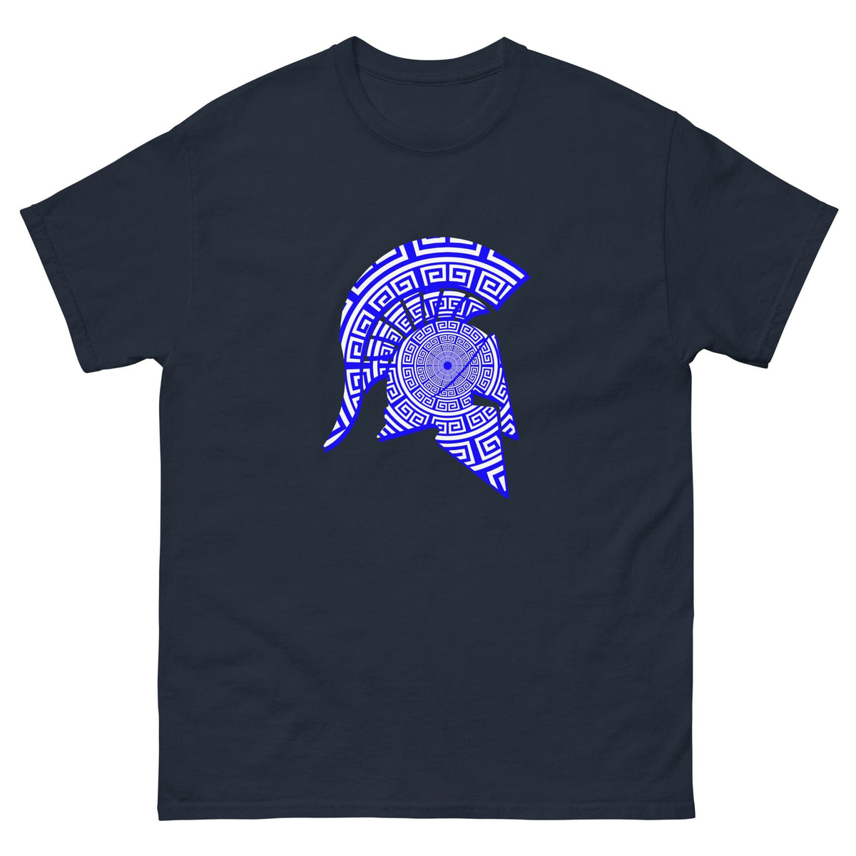 Spartan helmet graphic T-shirt in navy with blue patterned emblem on front