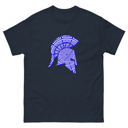 Spartan helmet graphic T-shirt in navy with blue patterned emblem on front