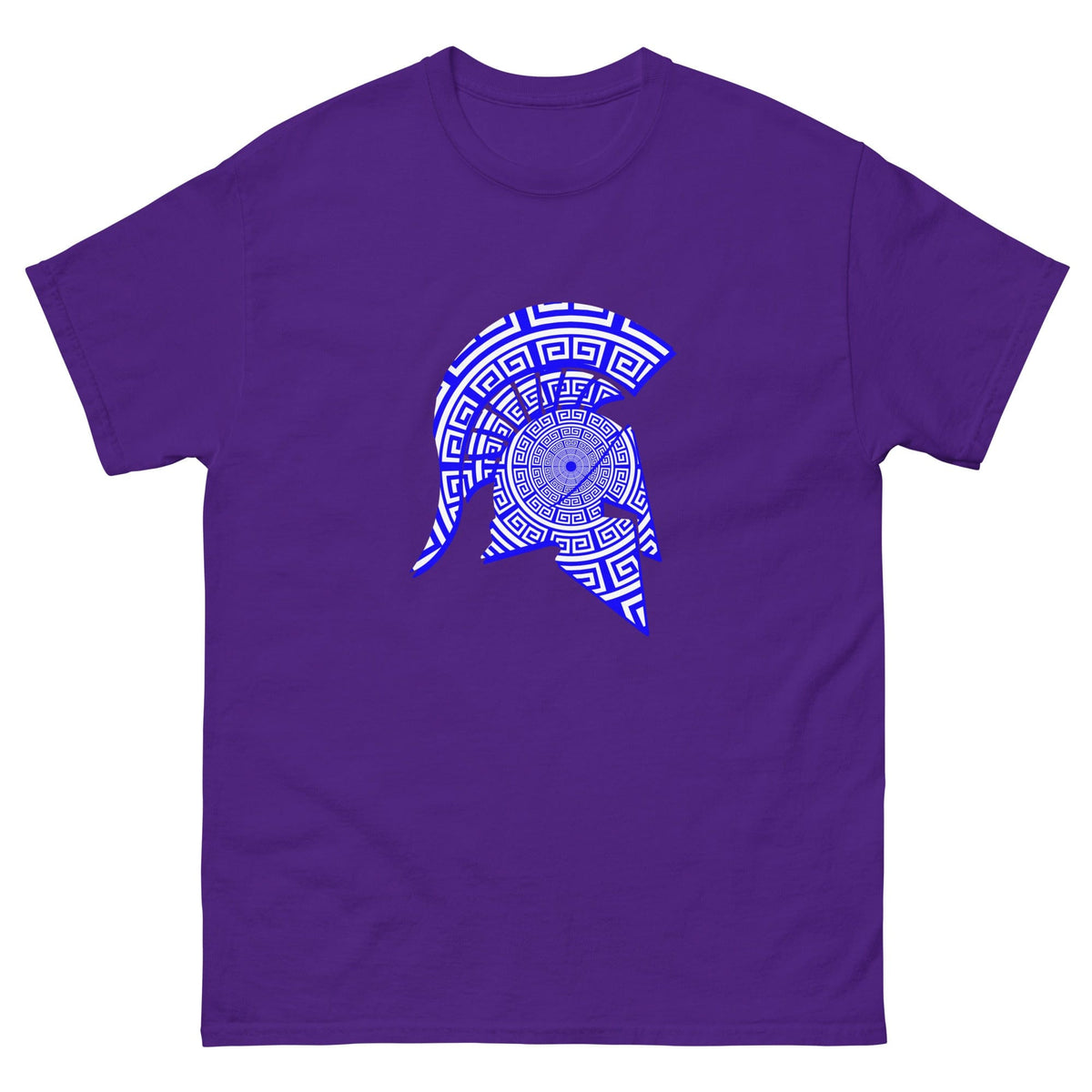 Spartan helmet graphic T-shirt in purple with blue patterned emblem on front