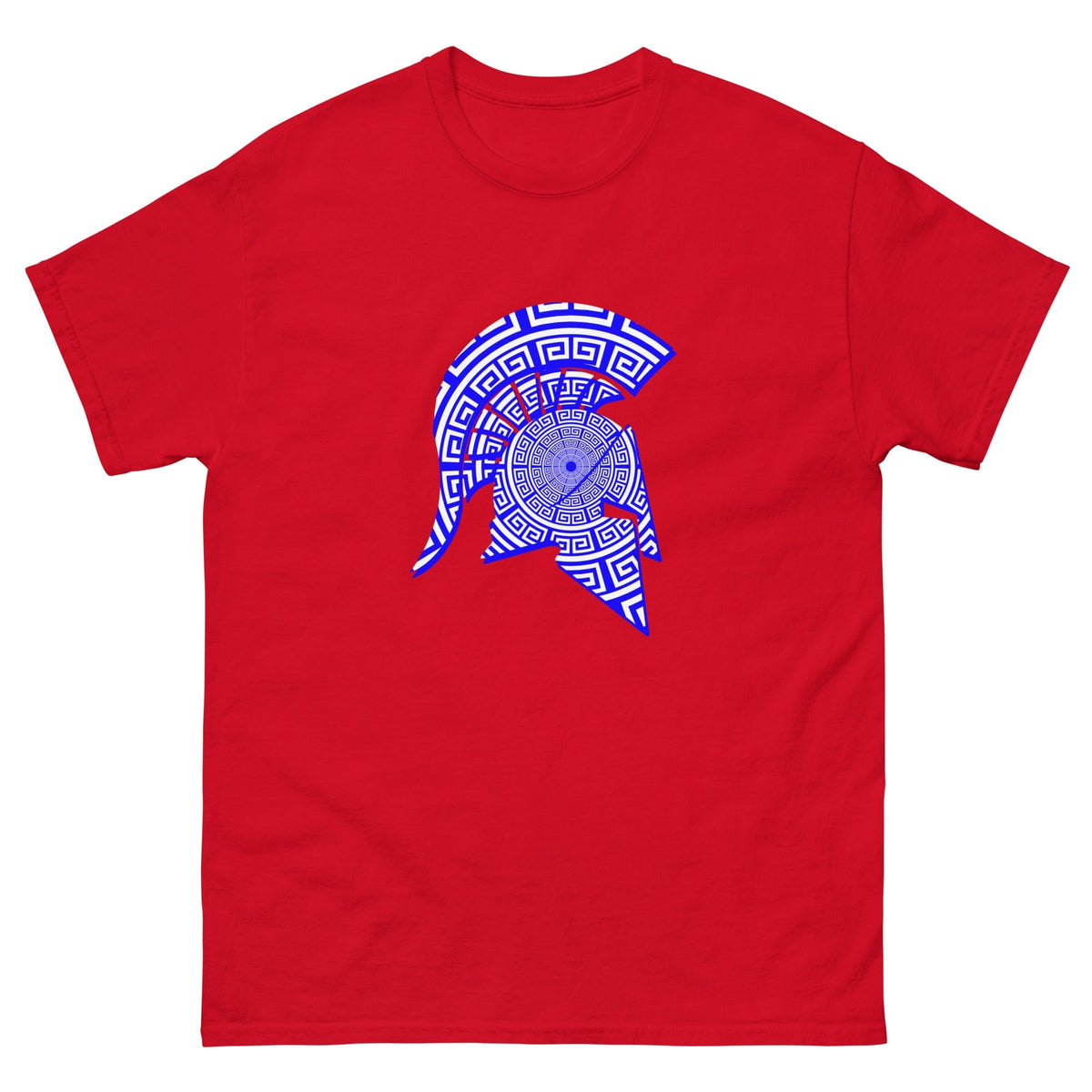 Spartan helmet graphic T-shirt in red with blue patterned emblem on front