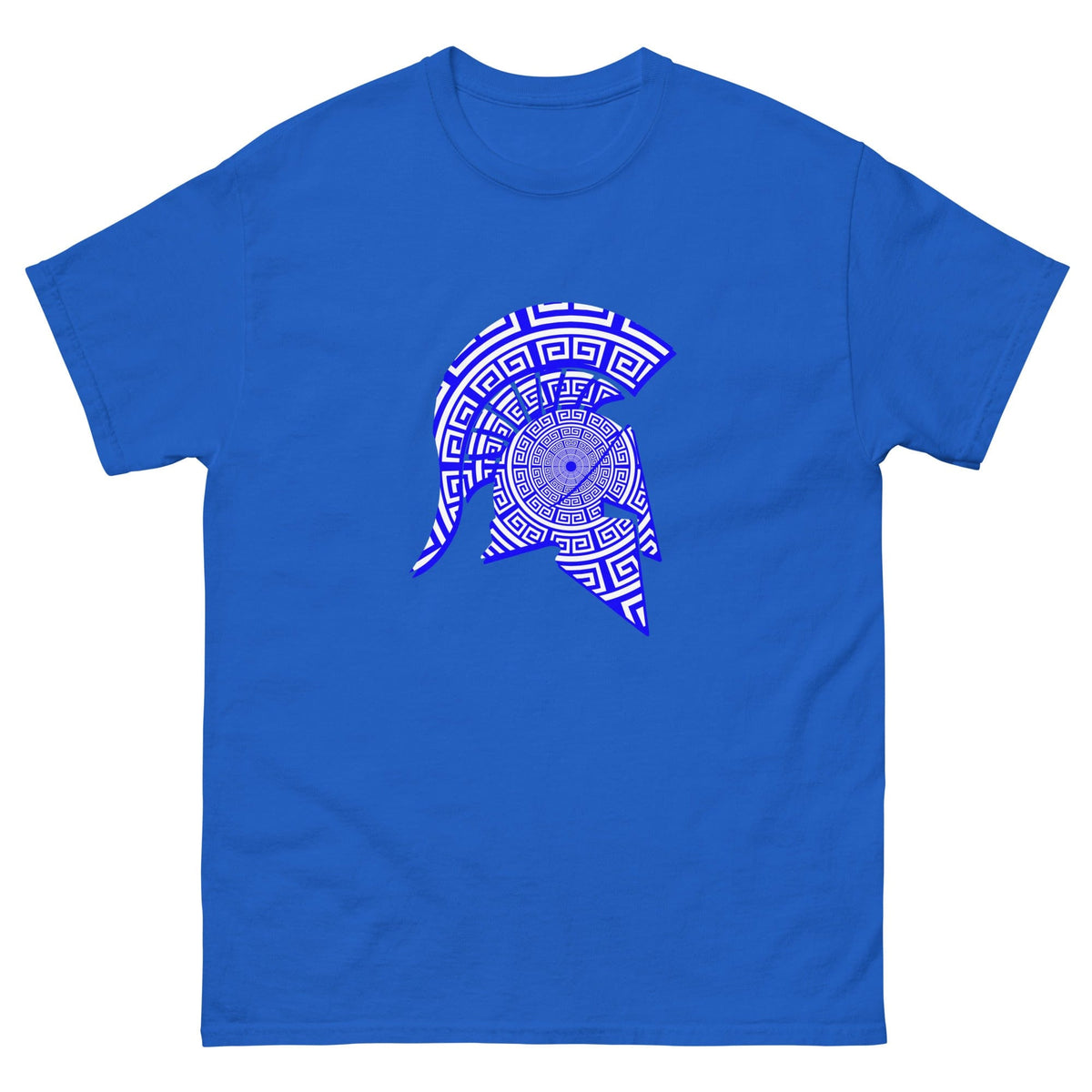 Spartan helmet graphic T-shirt in royal blue with blue patterned emblem on front
