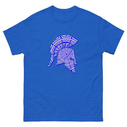 Spartan helmet graphic T-shirt in royal blue with blue patterned emblem on front