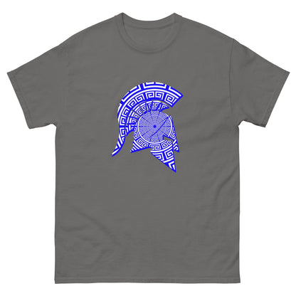 Spartan helmet graphic T-shirt in charcoal with blue patterned emblem on front