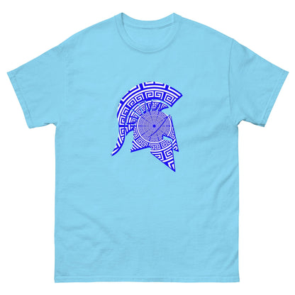 Spartan helmet graphic T-shirt in sky blue with blue patterned emblem on front