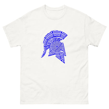 Spartan helmet graphic T-shirt in white with blue patterned emblem on front