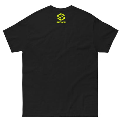Spartan helmet graphic T-shirt in black with yellow SCAR emblem on back