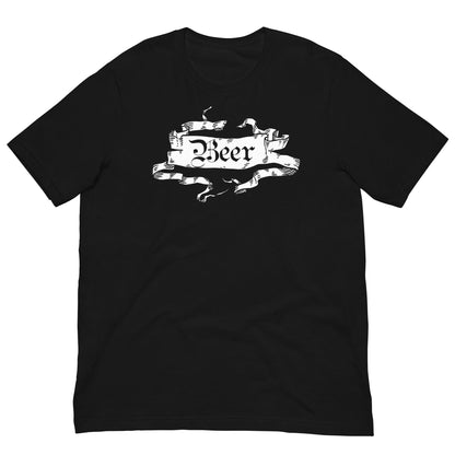 Black beer graphic T-shirt with ornate ribbon banner and hops accents, short sleeves