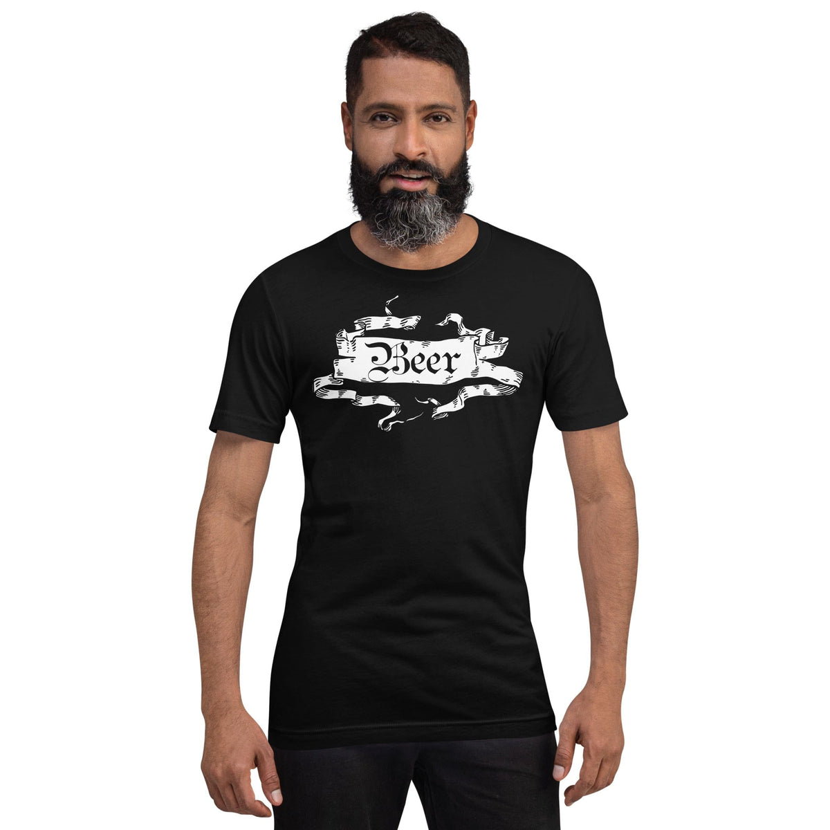 Black beer graphic T-shirt with ornate ribbon banner print, short sleeves