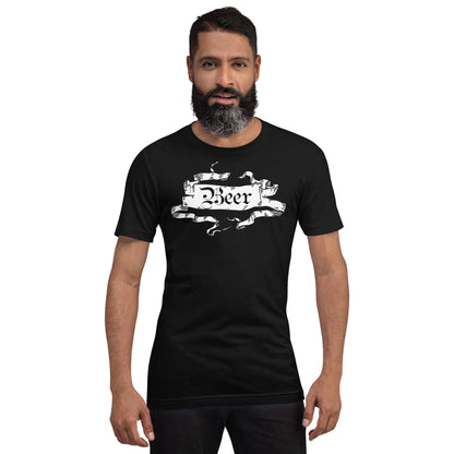 Black beer graphic T-shirt with ornate ribbon banner print, short sleeves