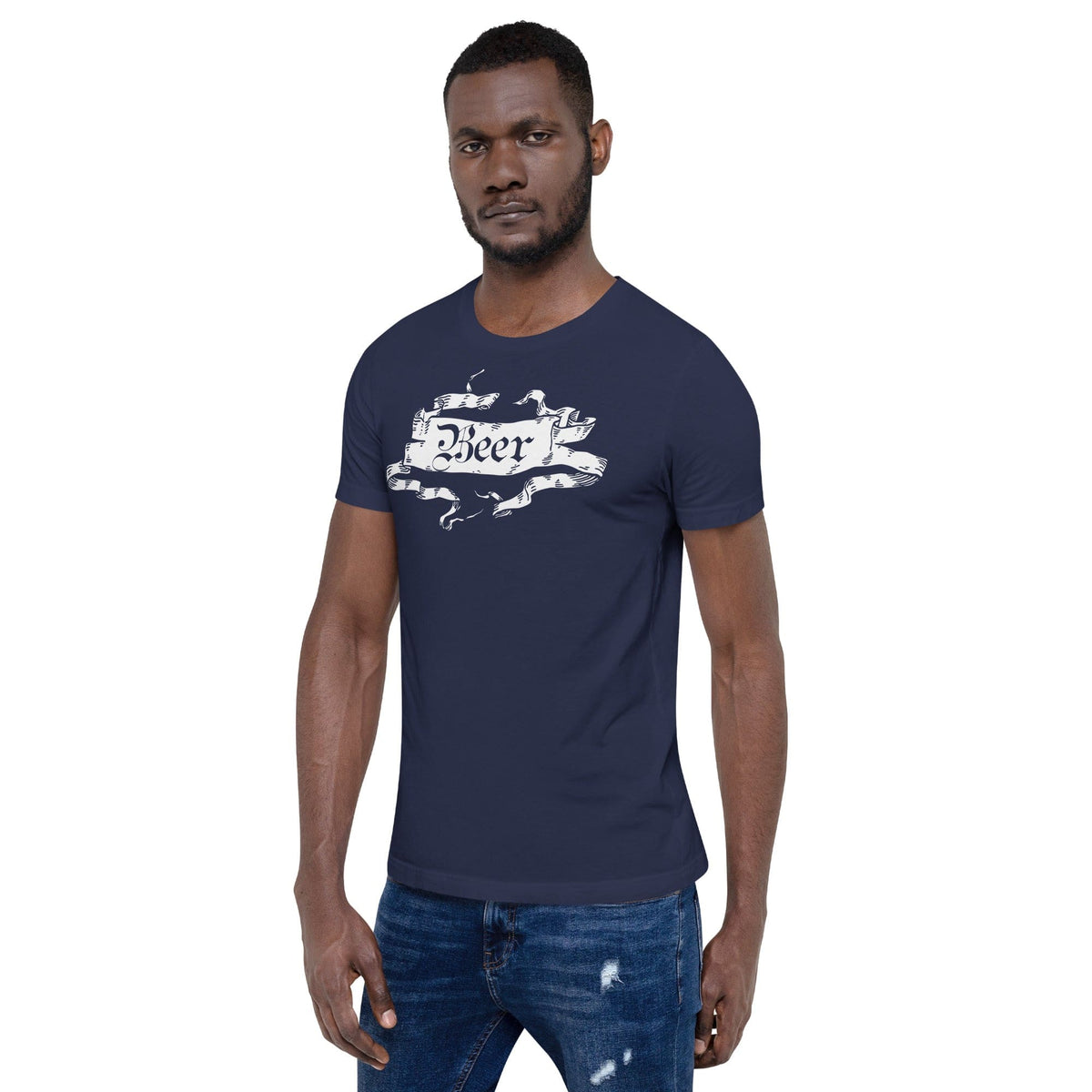 Navy beer graphic T-shirt with ornate ribbon banner print, short sleeves