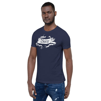 Navy beer graphic T-shirt with ornate ribbon banner print, short sleeves