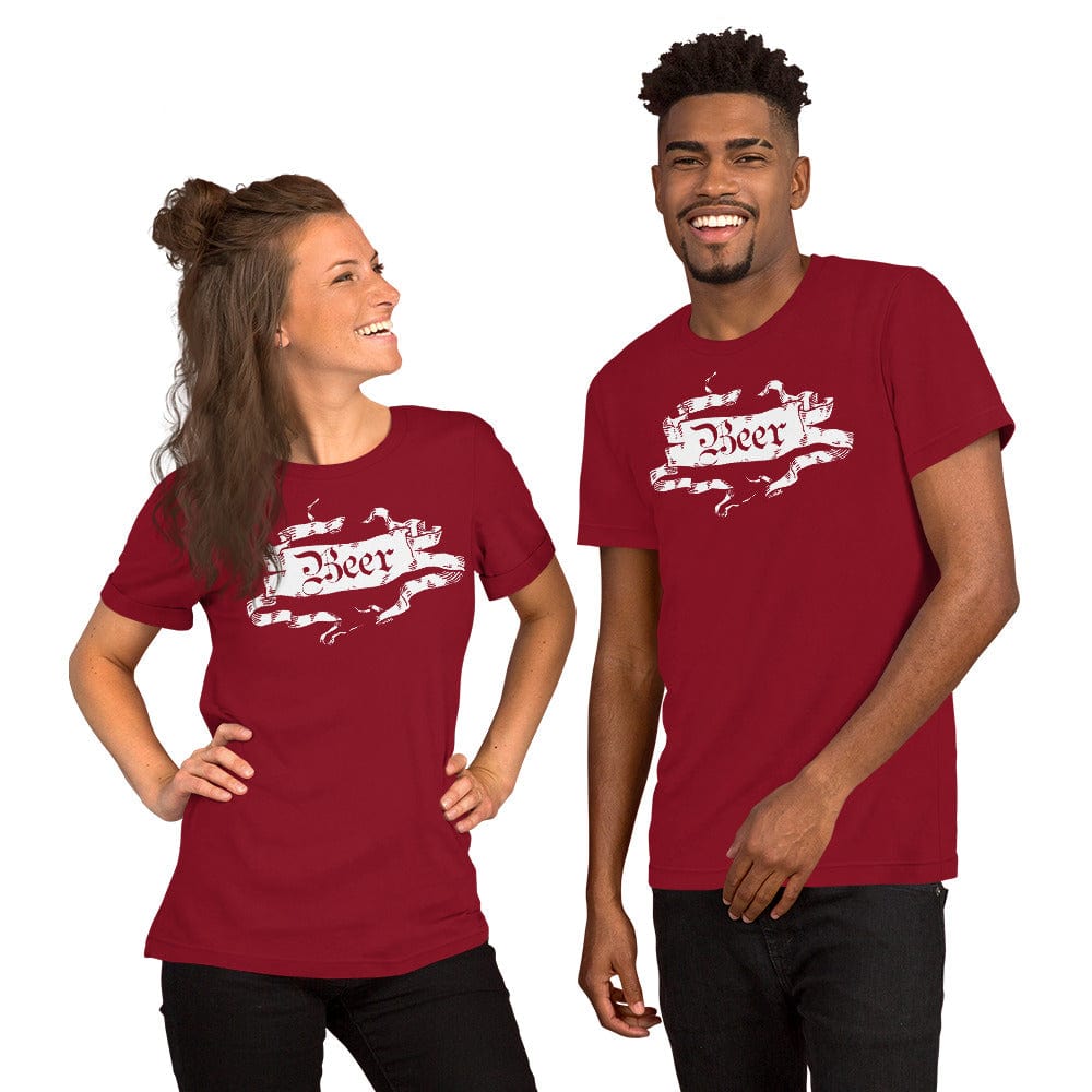 Red beer graphic T-shirt with ornate ribbon banner print, short sleeves