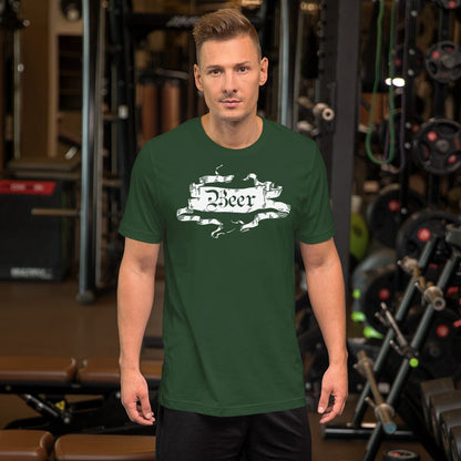 Green beer graphic T-shirt with ornate ribbon banner print, short sleeves