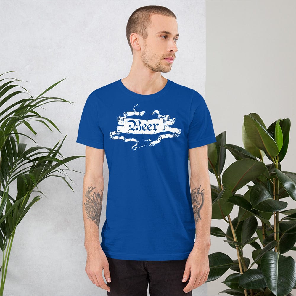 Blue beer graphic T-shirt with ornate ribbon banner print, short sleeves