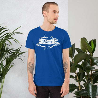 Blue beer graphic T-shirt with ornate ribbon banner print, short sleeves