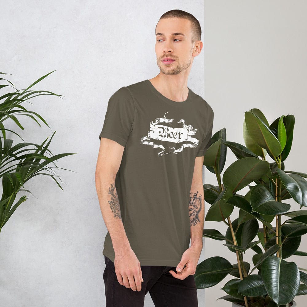 Olive beer graphic T-shirt with ornate ribbon banner print, short sleeves