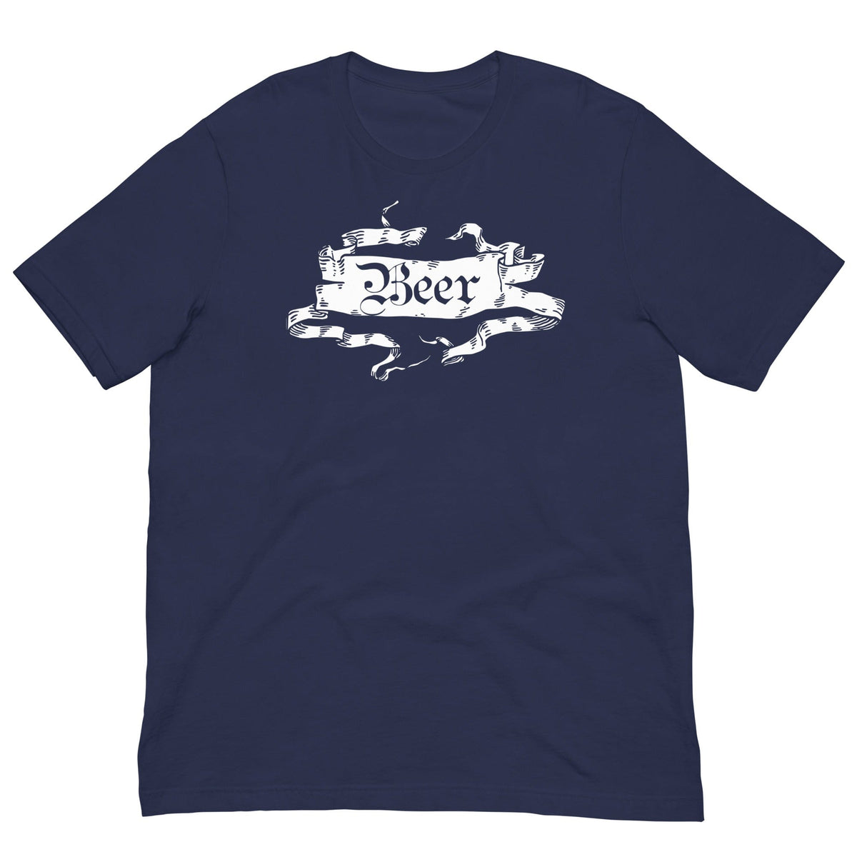 Royal blue beer graphic T-shirt with ornate ribbon banner print, short sleeves