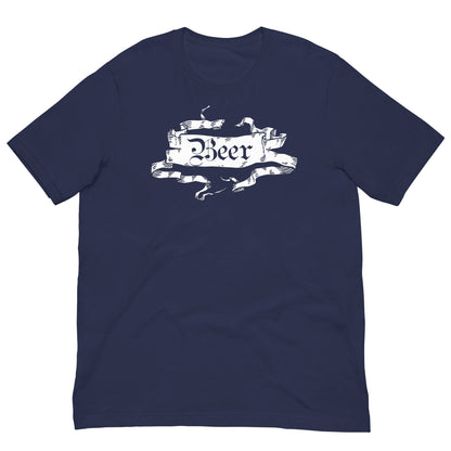 Royal blue beer graphic T-shirt with ornate ribbon banner print, short sleeves